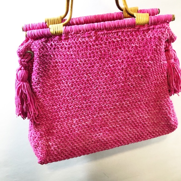 Large bright pink retro 80’s woven hand bag - Picture 3 of 8